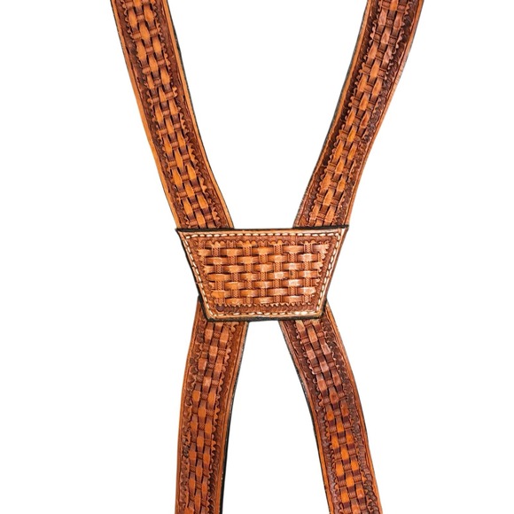 Handmade Men's Brown Braided Leather Clip Suspenders‎ Adjustable western vtg